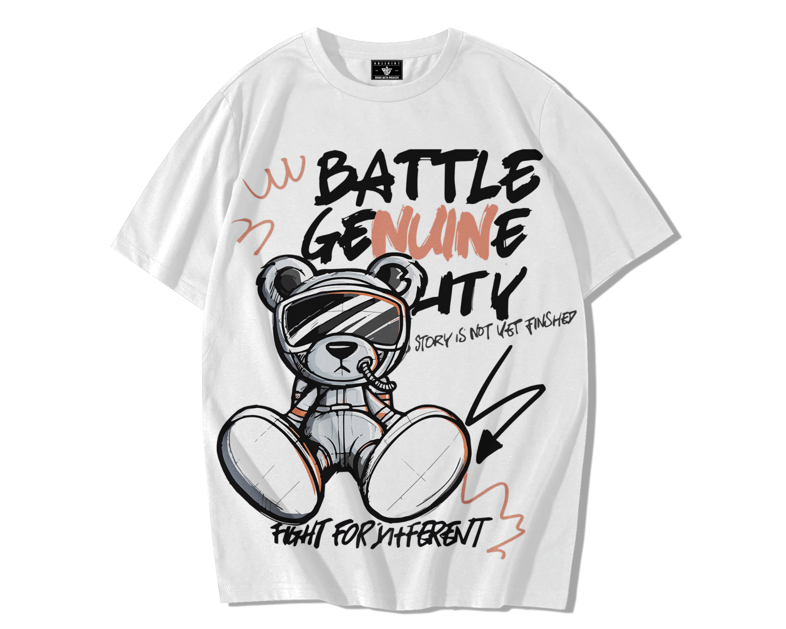 499 T-shirt oversize en coton premium blanc avec grand imprimé ours teddy rebelle portant des lunettes noires, accompagné du texte BATTLE GENUINE LITY et slogan Fight for Different en style graffiti