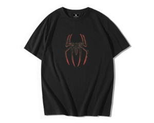T-shirt oversize noir en coton premium avec logo araignée rouge texturé imprimé au centre, effet puissant et vintage.