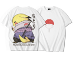 T-shirt oversize blanc en coton premium avec motif éventail rouge texturé usé sur la poitrine et au dos illustration vintage d’un personnage stylisé jaune en tenue grise et violette tenant un bâton noir et une énergie bleu-violet, accompagné de caractères japonais noirs et d’un texte motivant No Limits No Excuses Just Action