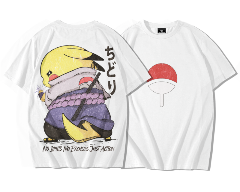 T-shirt oversize blanc en coton premium avec motif éventail rouge texturé usé sur la poitrine et au dos illustration vintage d’un personnage stylisé jaune en tenue grise et violette tenant un bâton noir et une énergie bleu-violet, accompagné de caractères japonais noirs et d’un texte motivant No Limits No Excuses Just Action