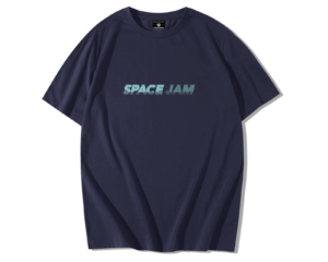 T-shirt oversize en coton premium bleu nuit Looney Slam avec logo « SPACE JAM » centré sur la poitrine en dégradé turquoise, allant du bleu foncé au bleu clair, style minimaliste et moderne