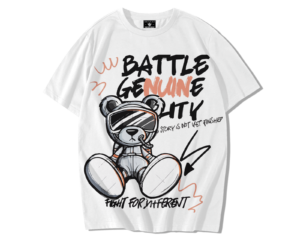 T-shirt oversize en coton premium blanc avec grand imprimé ours teddy rebelle portant des lunettes noires, accompagné du texte BATTLE GENUINE LITY et slogan Fight for Different en style graffiti