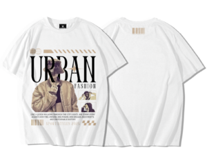 T-shirt oversize premium blanc Urban Pulse présenté de face avec grand texte URBAN FASHION noir, image mode urbaine d’une femme en manteau et chapeau, portraits fashion et citation inspirante en anglais, et de dos avec petit code-barres en haut portant l’inscription Urban Style 2025