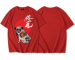 T-shirt oversize coton premium rouge avec imprimé chien dojo samouraï devant et dos uni