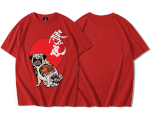 T-shirt oversize coton premium rouge avec imprimé chien dojo samouraï devant et dos uni