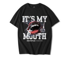 T-shirt oversize premium noir SportiStyles avec bouche rouge réaliste et grand texte IT’S MY MOUTH imprimé devant