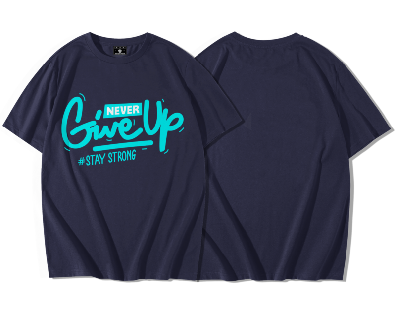 T-shirt oversize premium bleu nuit SportiStyles avec slogan motivant Never Give Up devant et dos uni